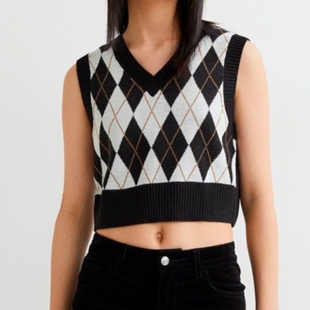 H&M Divided Womens‎ Argyle Sweater Vest Black White Brown V-Neck Knit Small
